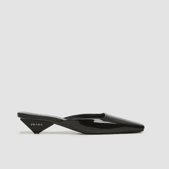NWT Prada Slip-on Mules Black Patent Leather Square Toe Triangular Kitten Heels - Picture 1 of 8